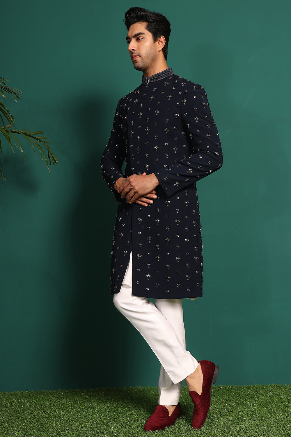 Deep Blue Indowestern handembroidered with stone & Cutdaana details