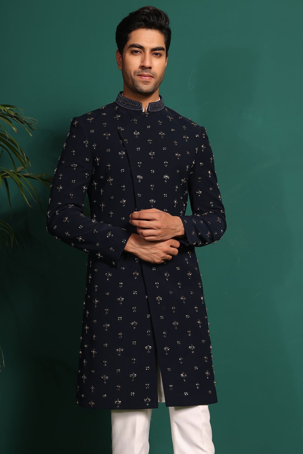 Deep Blue Indowestern handembroidered with stone & Cutdaana details