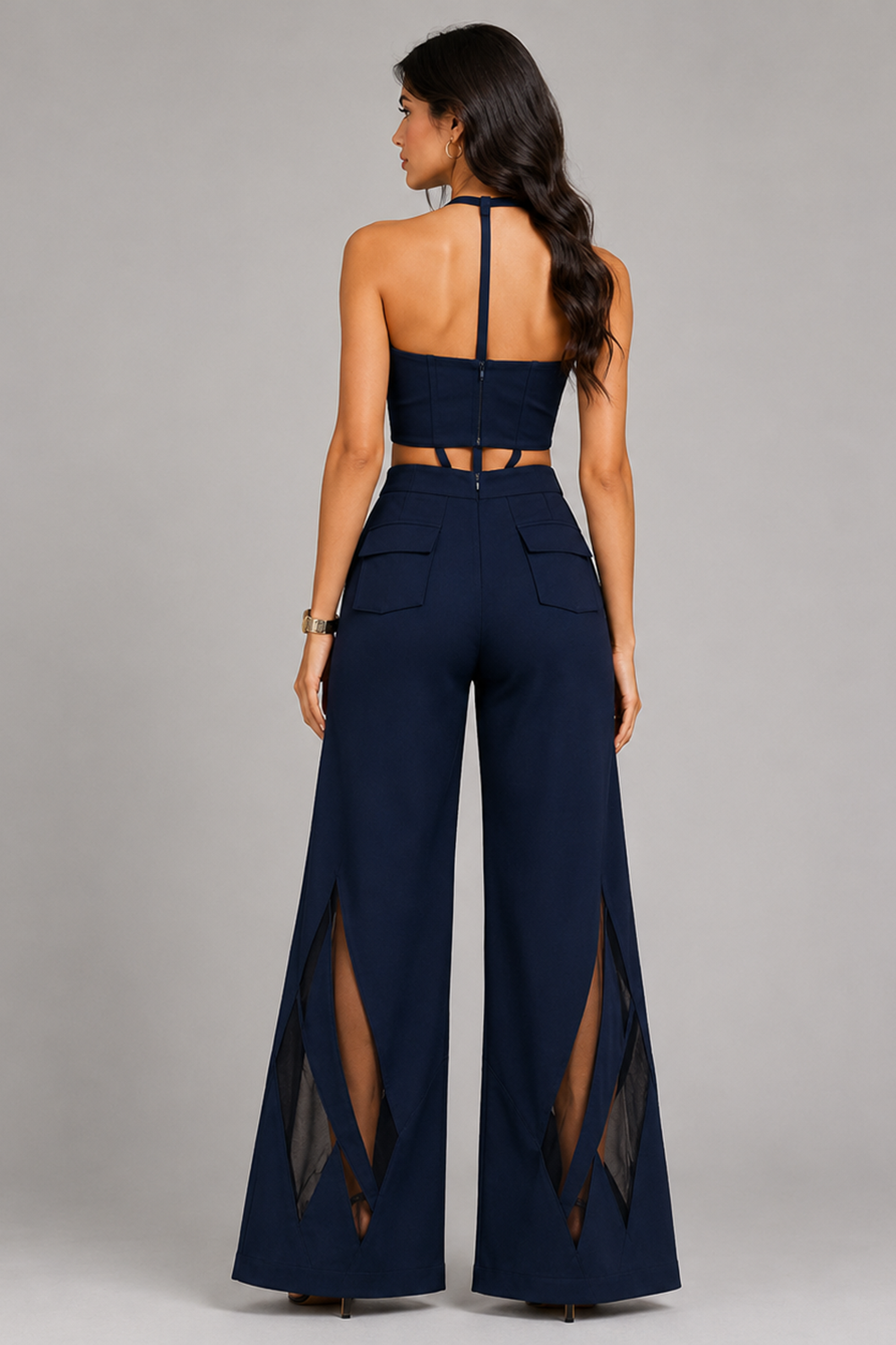Deep Navy V-Wired Corset Top & Wide-Leg Pants Co-Ord Set