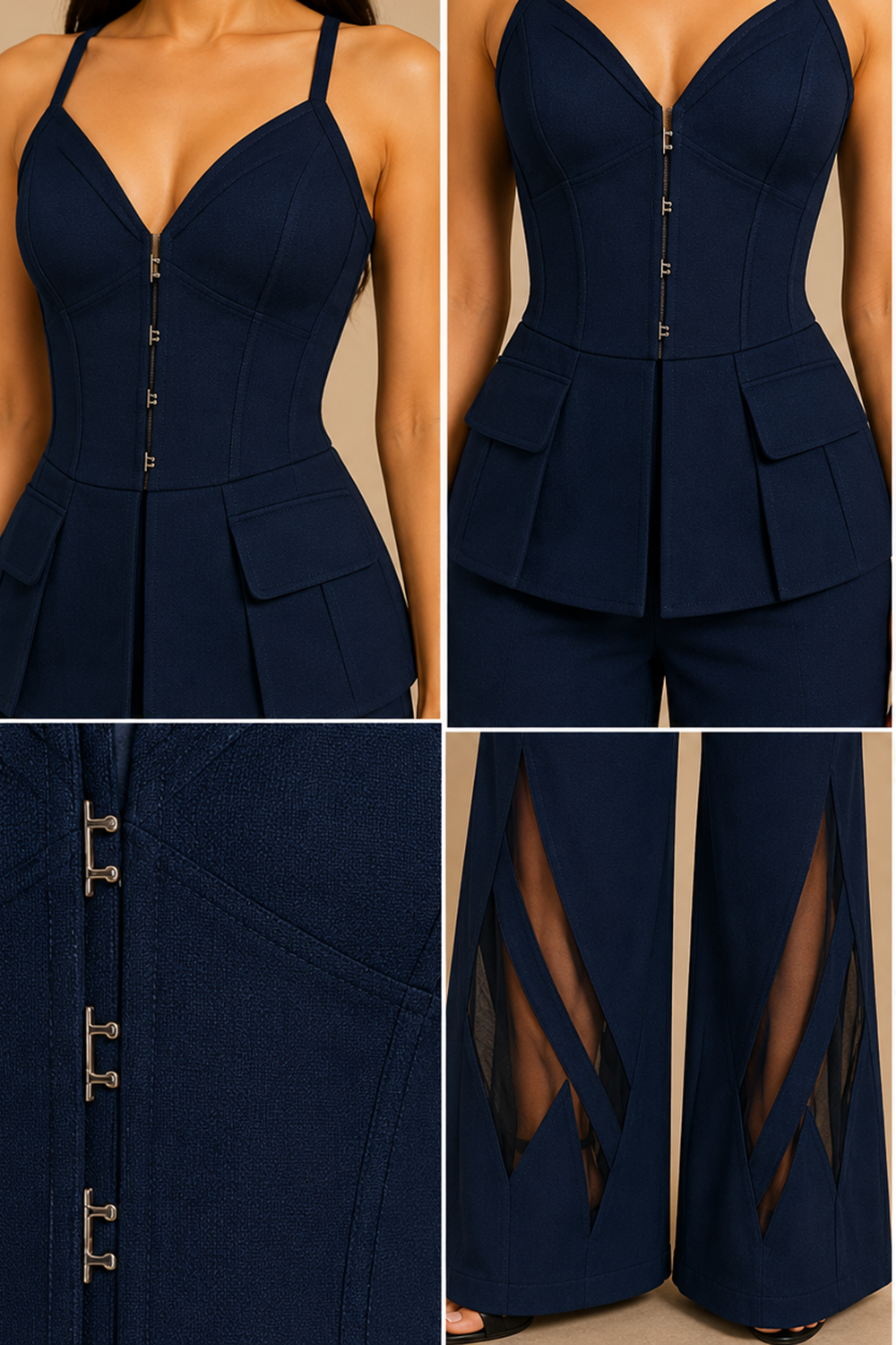 Deep Navy V-Wired Corset Top & Wide-Leg Pants Co-Ord Set