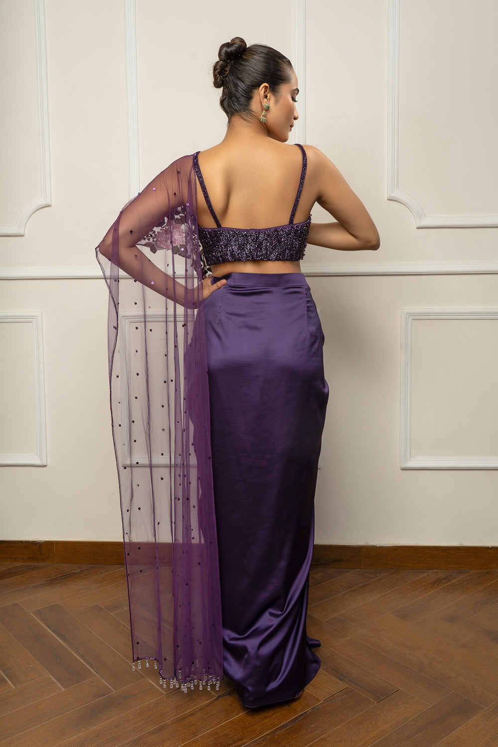 Deep purple drape saree set
