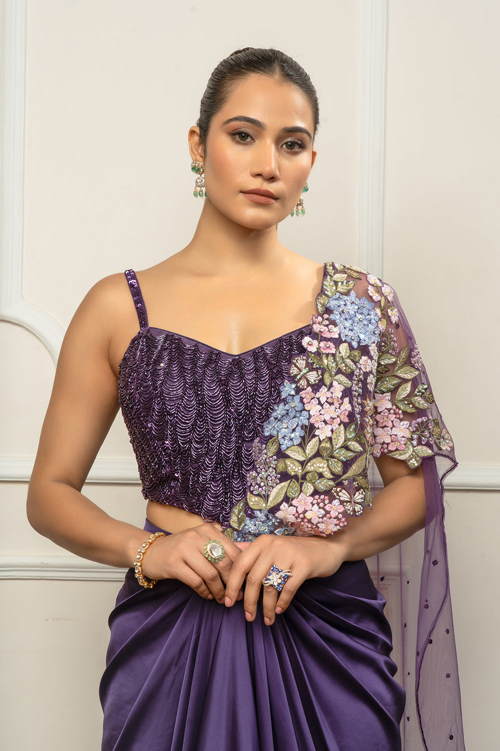 Deep purple drape saree set
