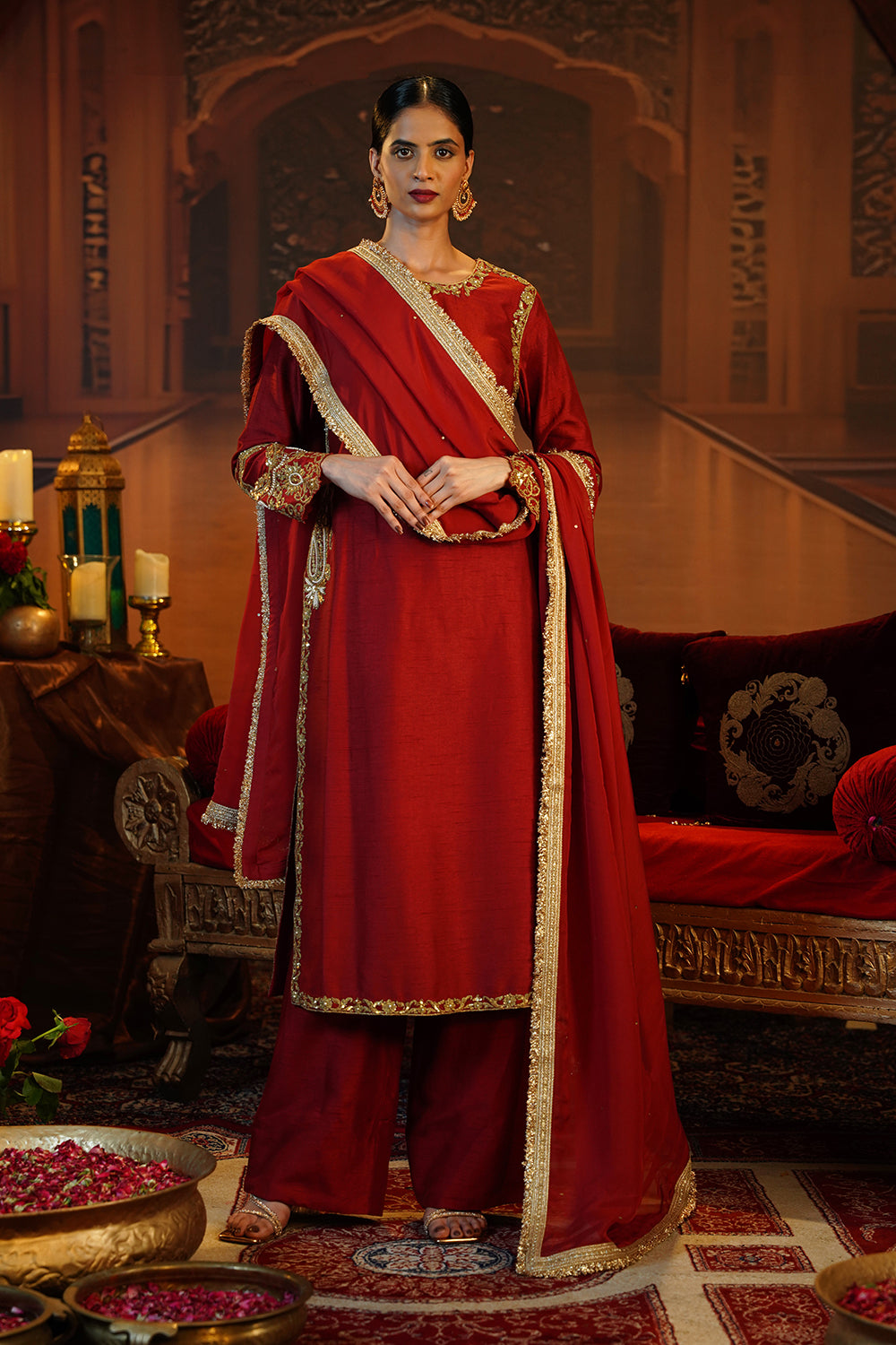 Deep Red Raw Silk Suit Set