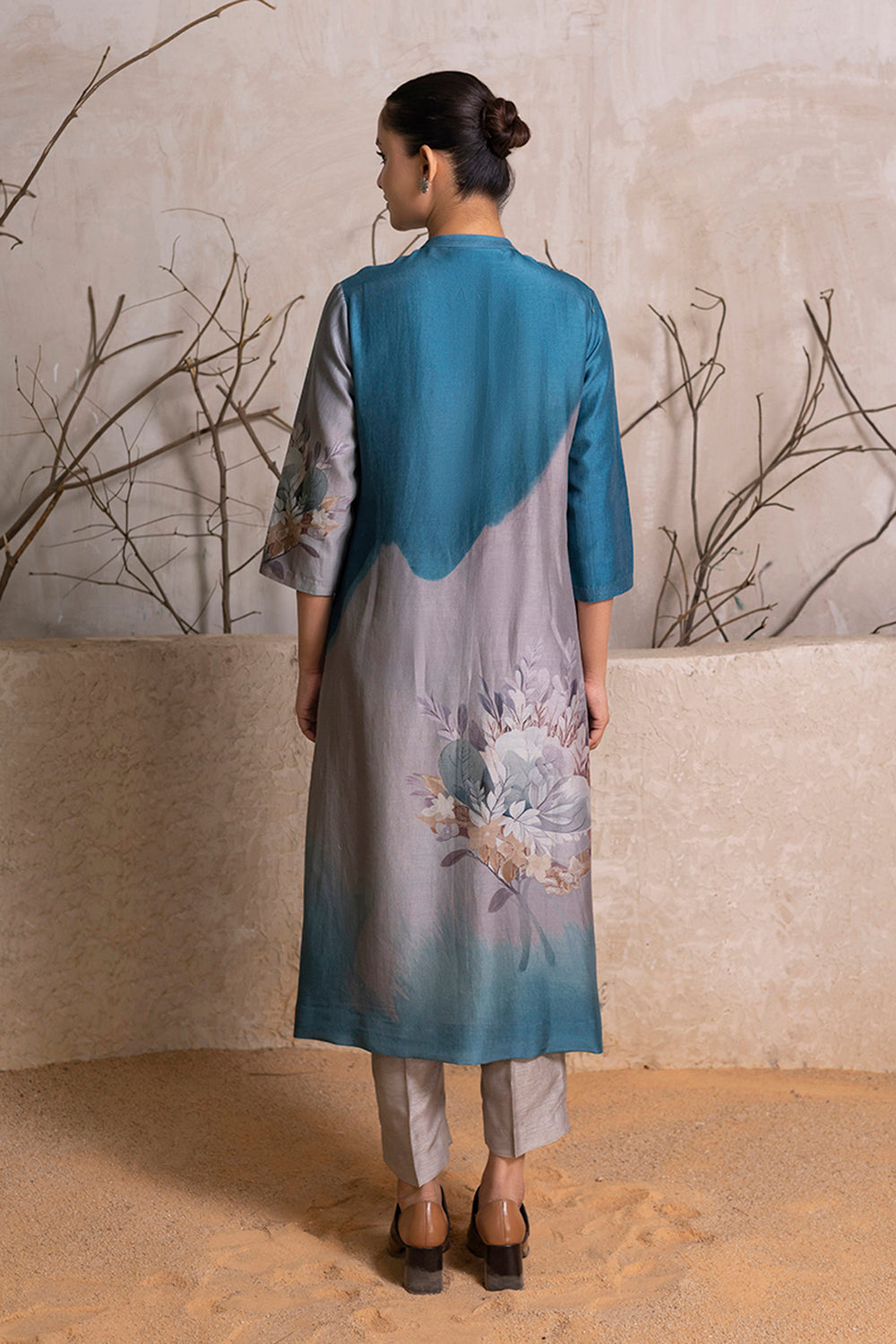 Denim Blue & Grey Shaded Silk Chanderi Printed Tunic