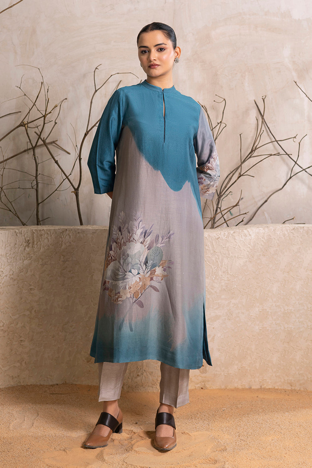Denim Blue & Grey Shaded Silk Chanderi Printed Tunic
