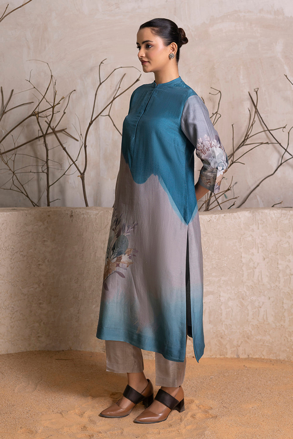 Denim Blue & Grey Shaded Silk Chanderi Printed Tunic