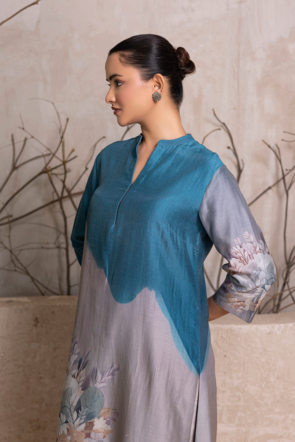 Denim Blue & Grey Shaded Silk Chanderi Printed Tunic