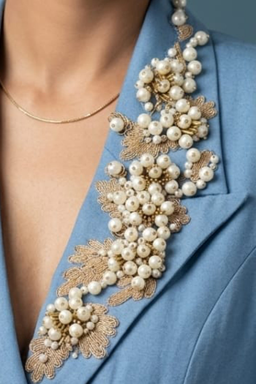 Denim Drape Skirt With Denim Embroidered Jacket