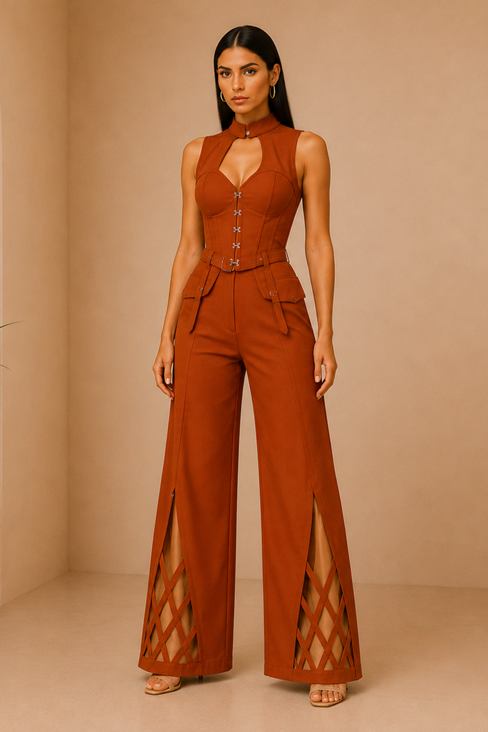 Desert Camel Corset Top & Cutout Wide-Leg Pants Co-Ord Set