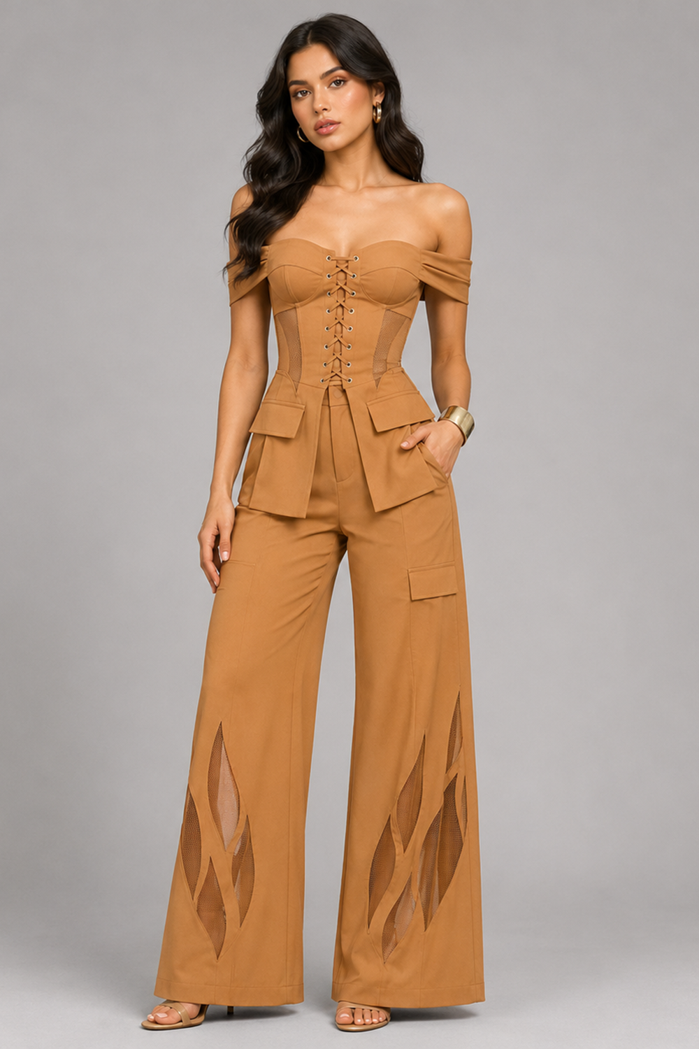 Desert Camel Off-Shoulder Fold Corset & Wide-Leg Pants Co-Ord Set