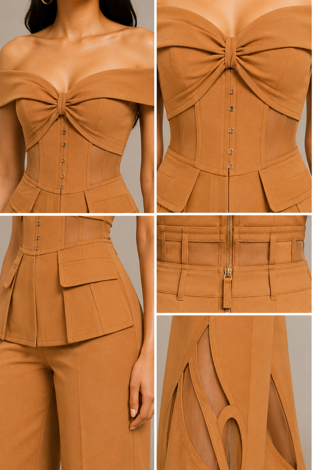 Desert Camel Off-Shoulder Fold Corset & Wide-Leg Pants Co-Ord Set