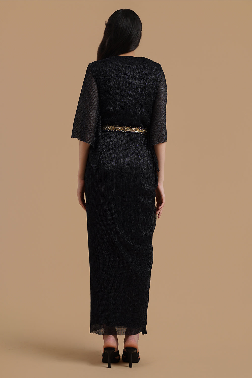 Drape Gown Dress With Embroidered Belt
