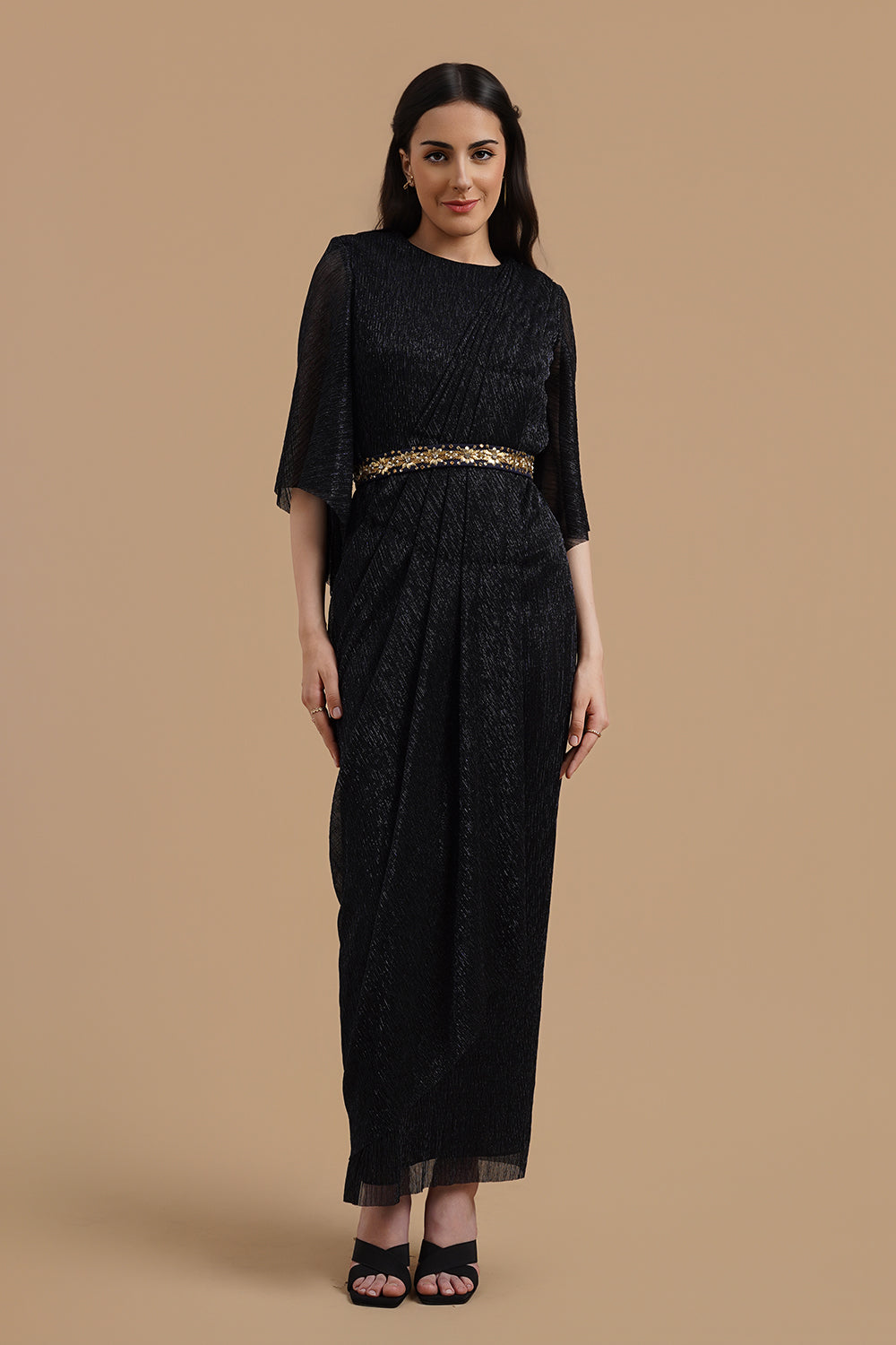Drape Gown Dress With Embroidered Belt