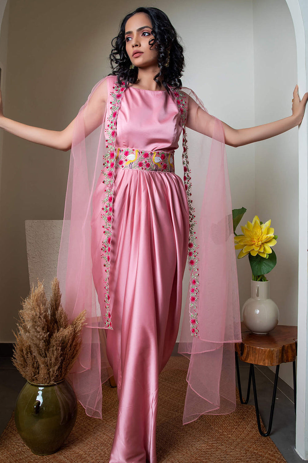 Drape Gown With Belt And Cape