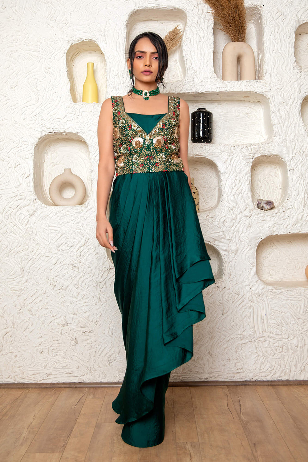 Drape Gown With Embroidered Jacket