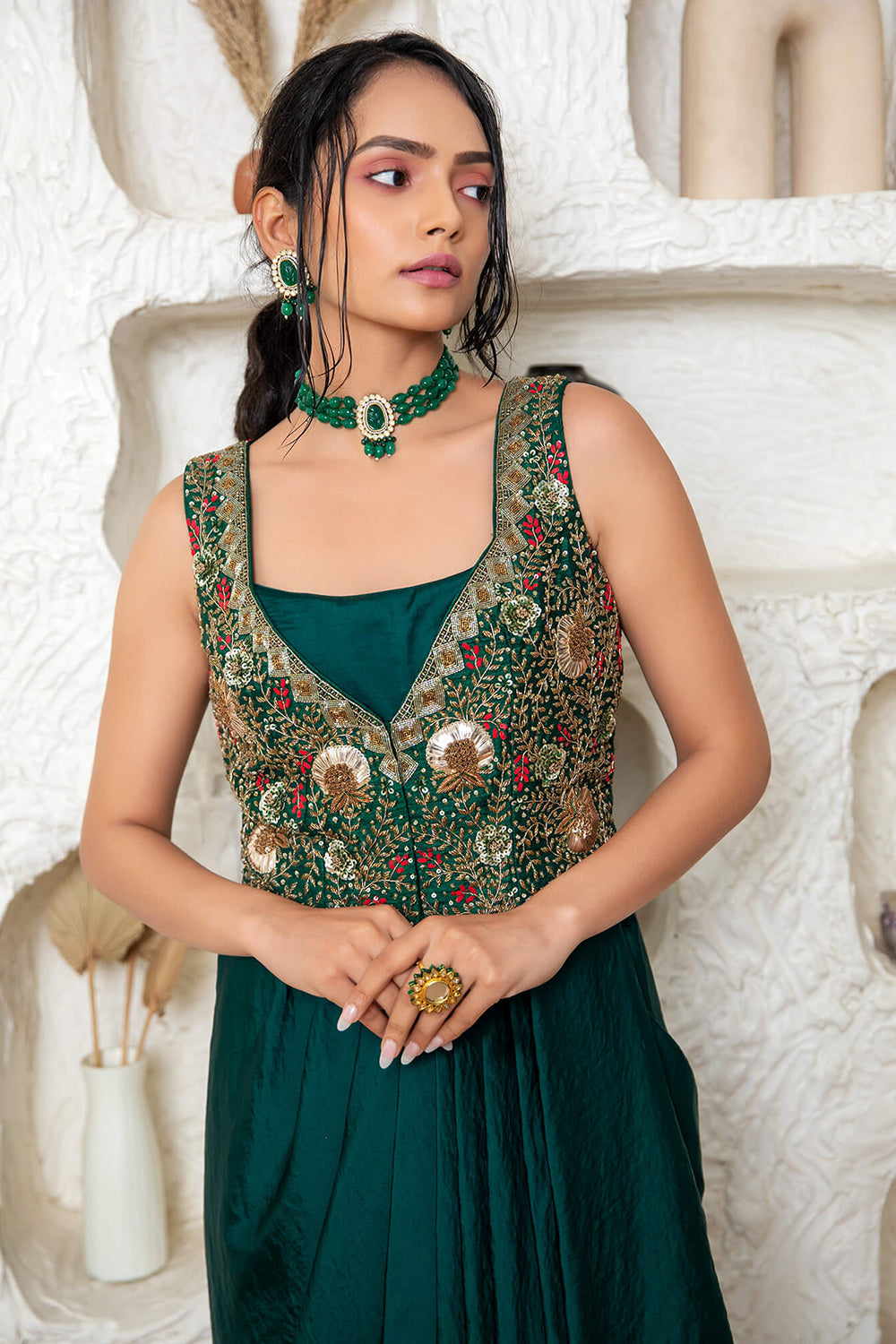 Drape Gown With Embroidered Jacket