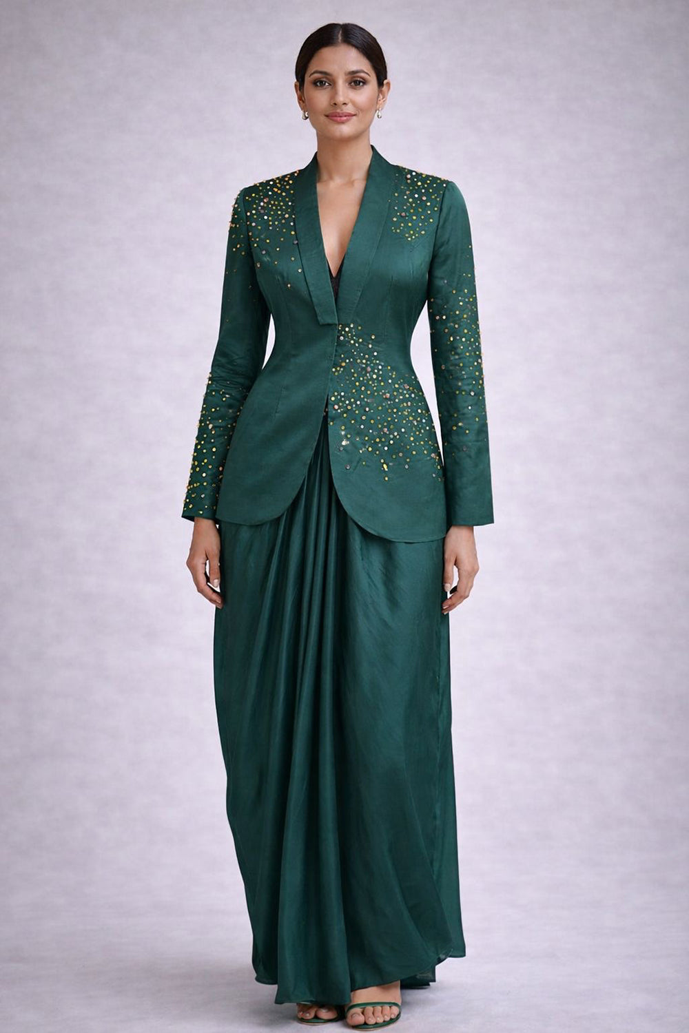 Drape skirt with embroidered blazer