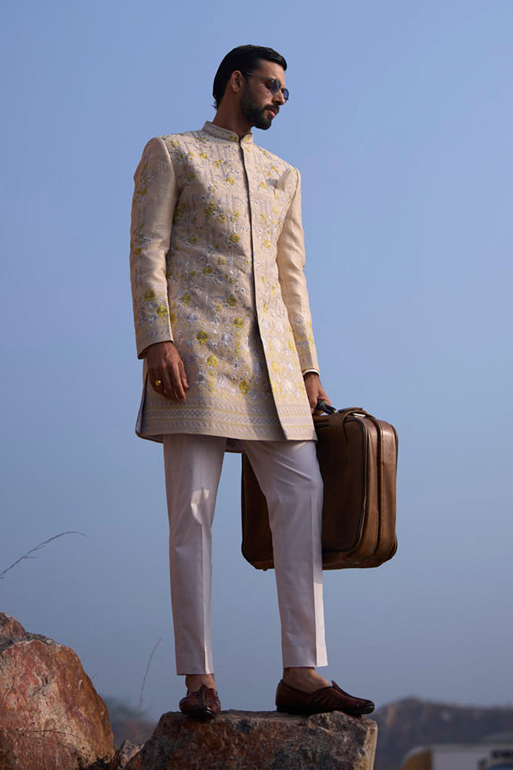 Dull Ivory Thread Amber Geometric With Creeper Sherwani Set