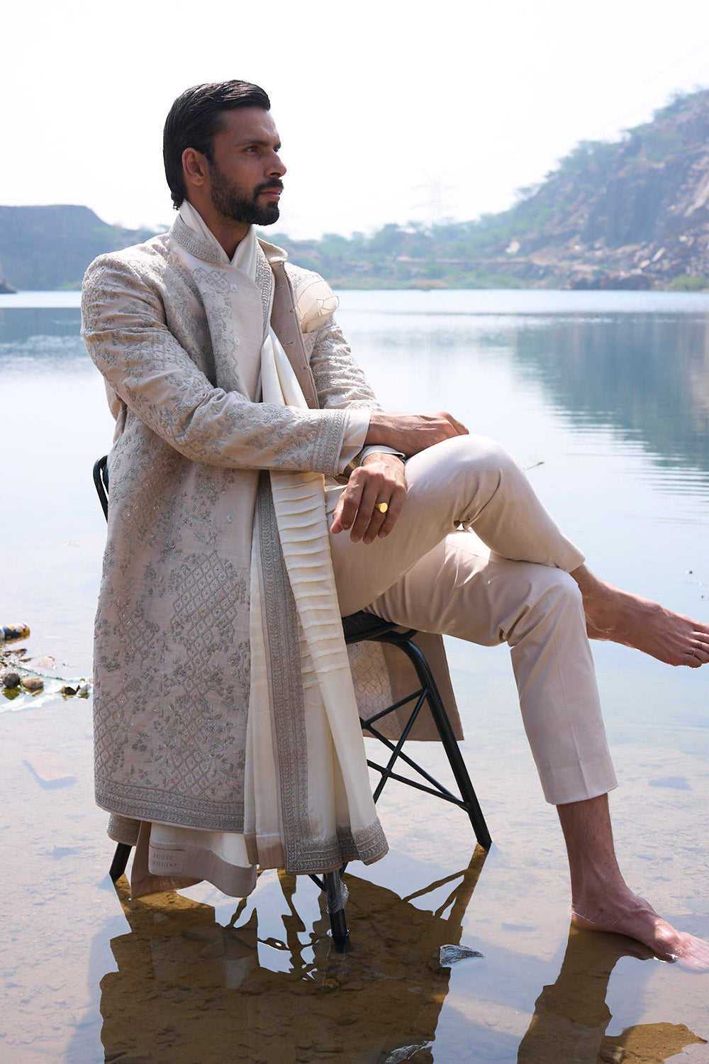 Dull Ivory Zari Moss Rose Creeper Amber Geometric Sherwani Set