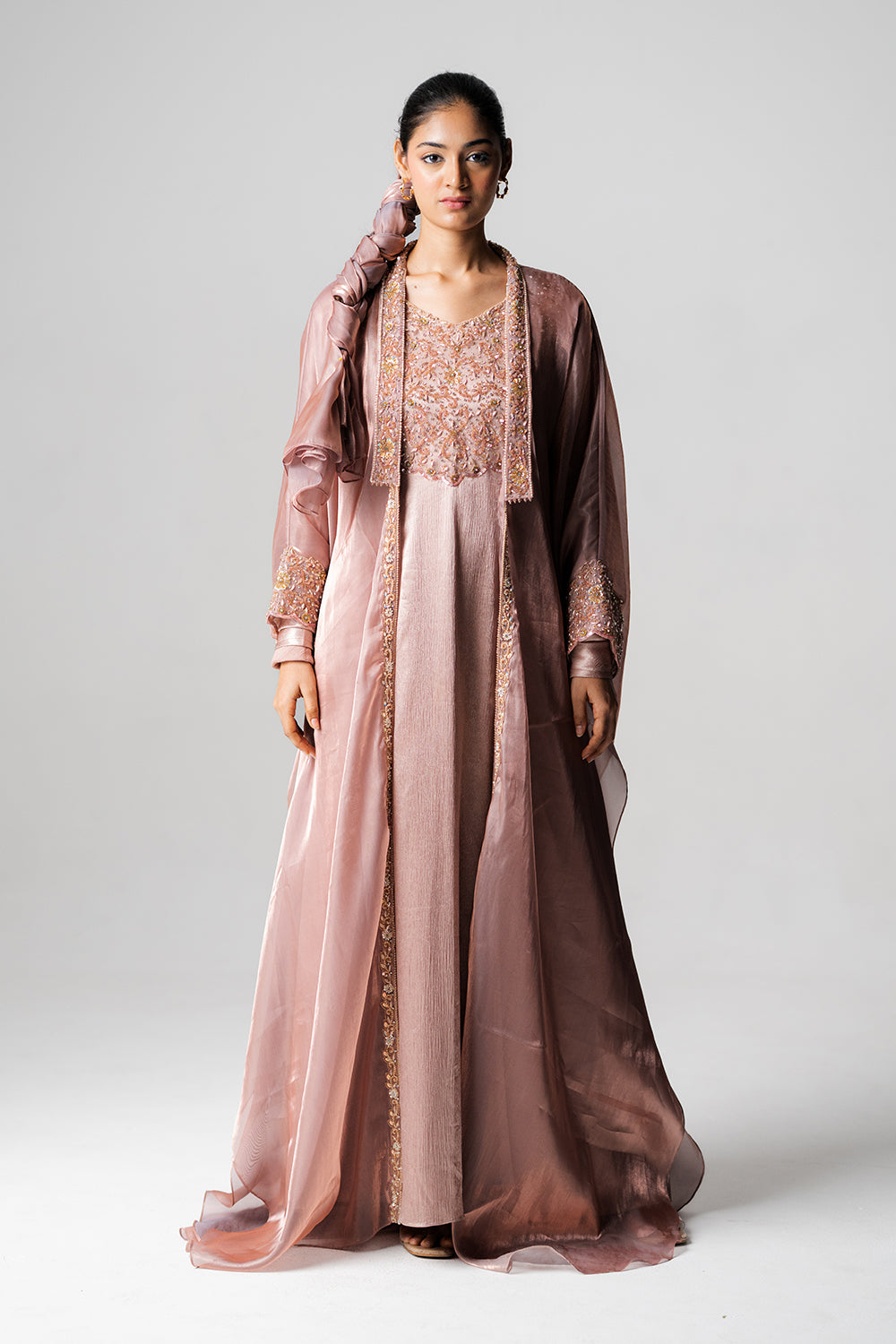 Dusty Mauve Crinkled Satin & Organza Gown Set