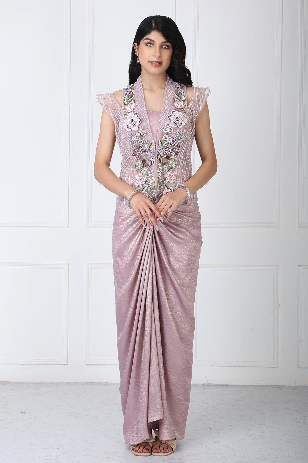 Dusty Mauve Embroidered Jacket With Drape Skirt