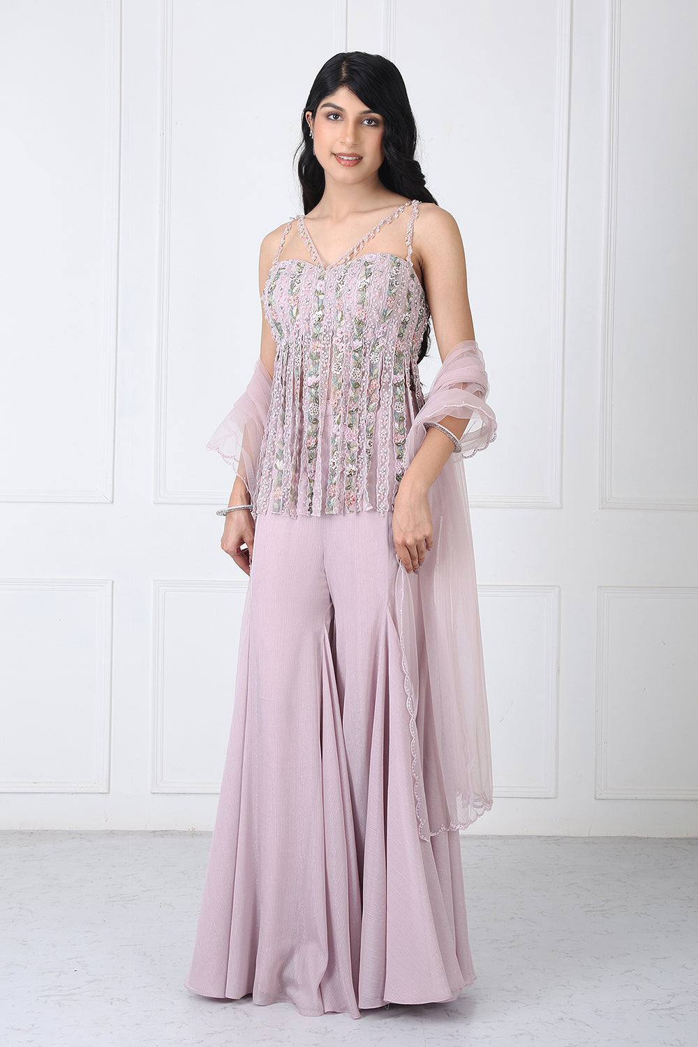 Dusty Pink Fringe Bodysuit With Sharara And Dupatta