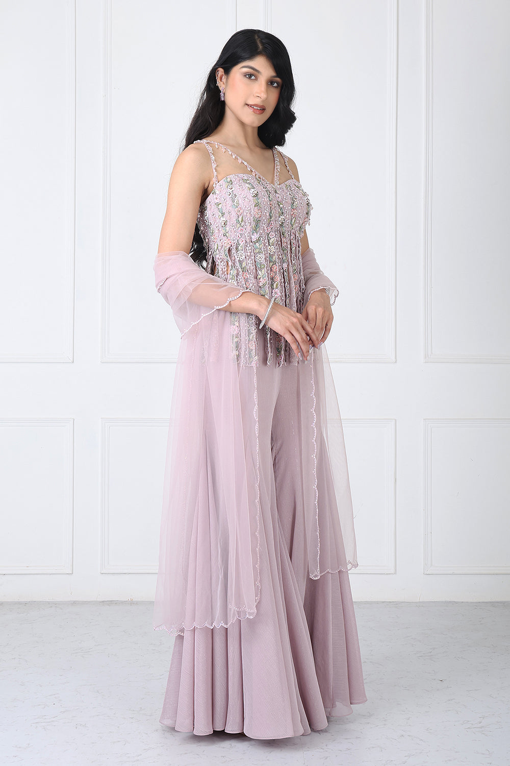 Dusty Pink Fringe Bodysuit With Sharara And Dupatta