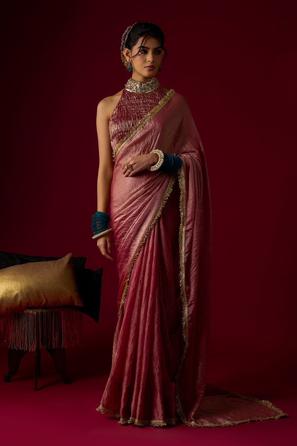 Dusty Rose Gold Tissue Saree Set