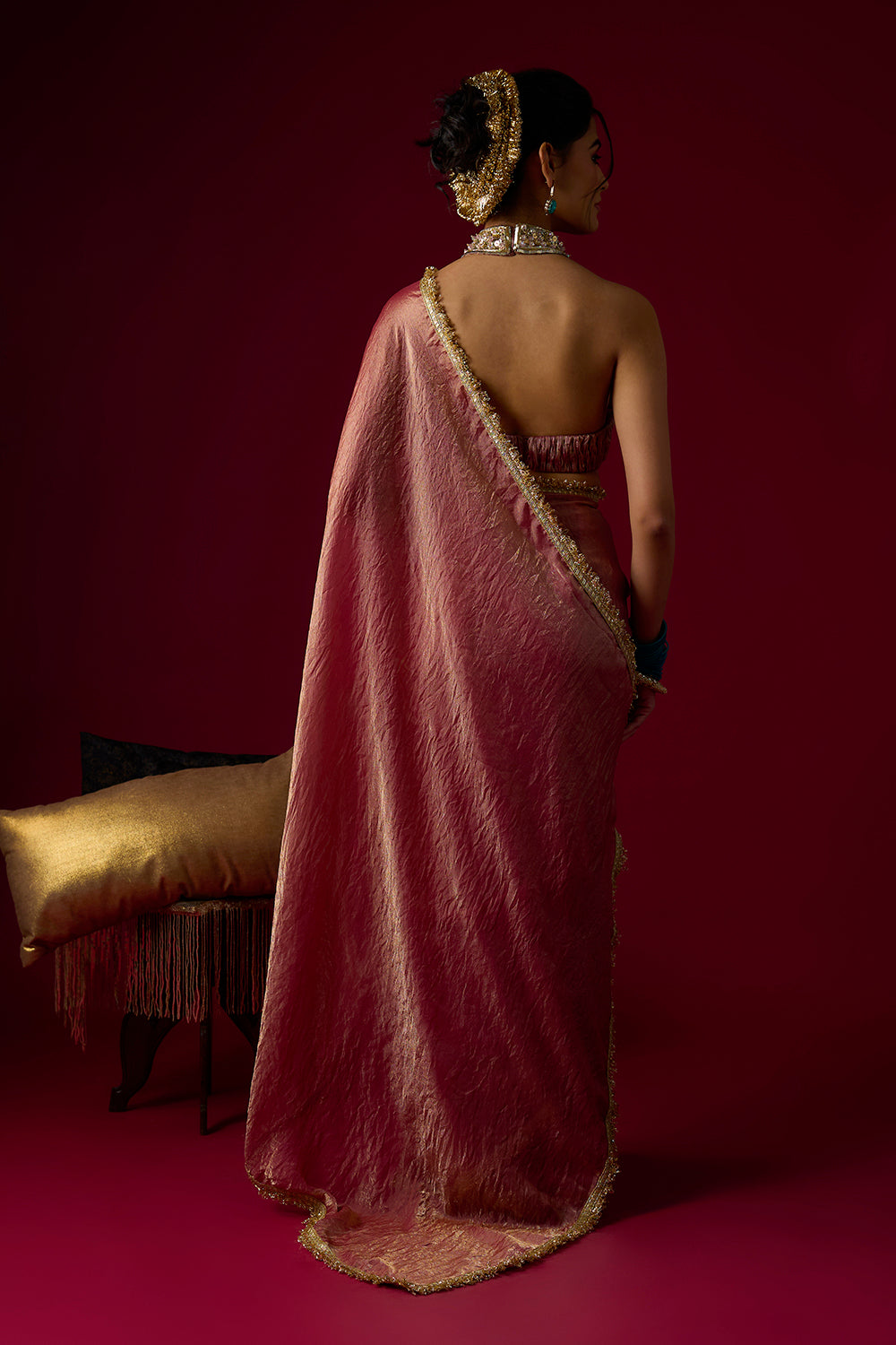 Dusty Rose Gold Tissue Saree Set
