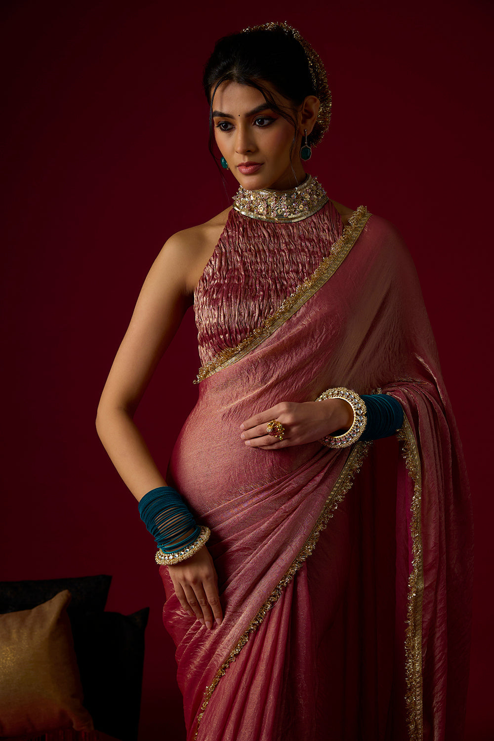 Dusty Rose Gold Tissue Saree Set
