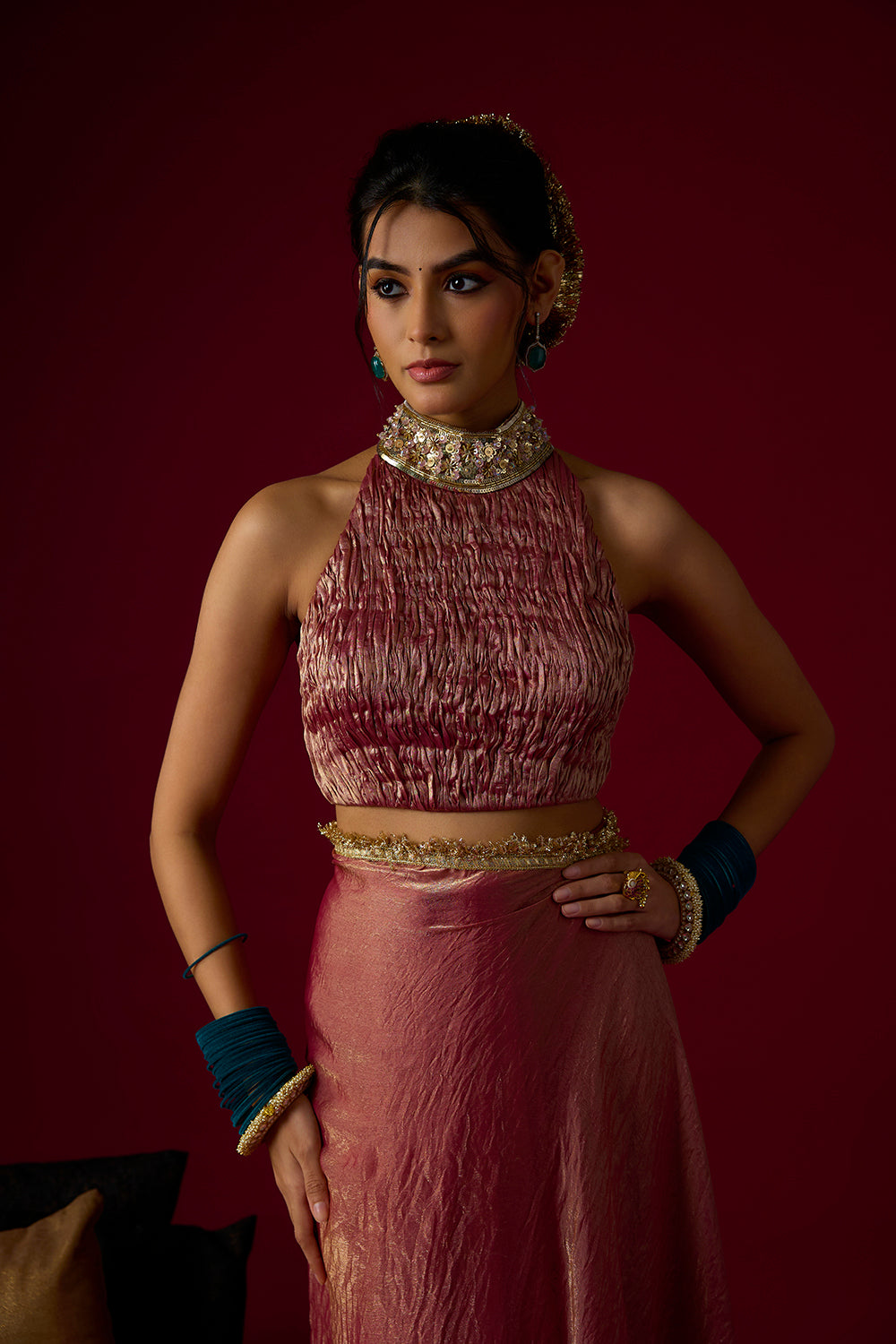 Dusty Rose Gold Tissue Saree Set