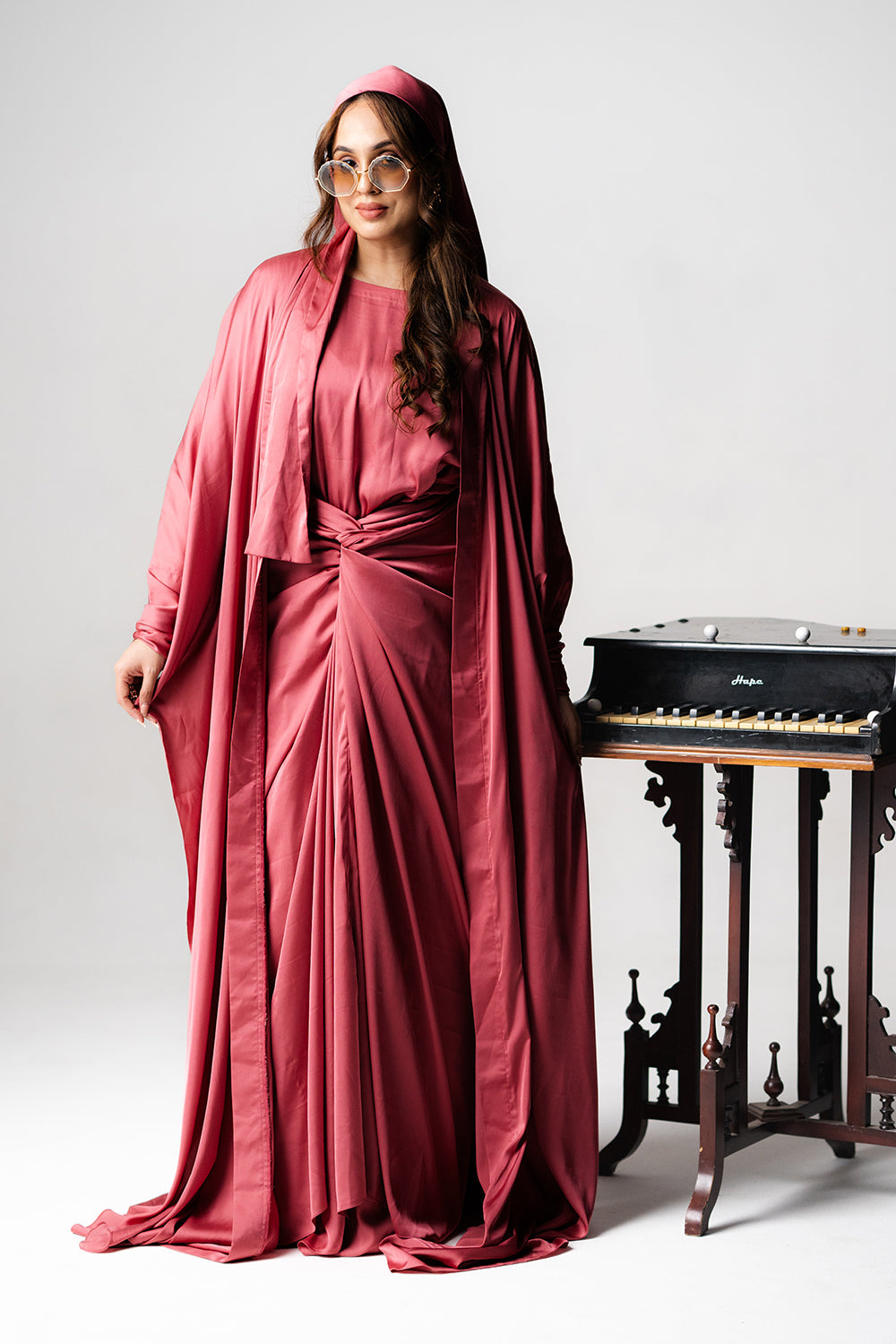 Dusty Rose Satin Kaftan Gown Set