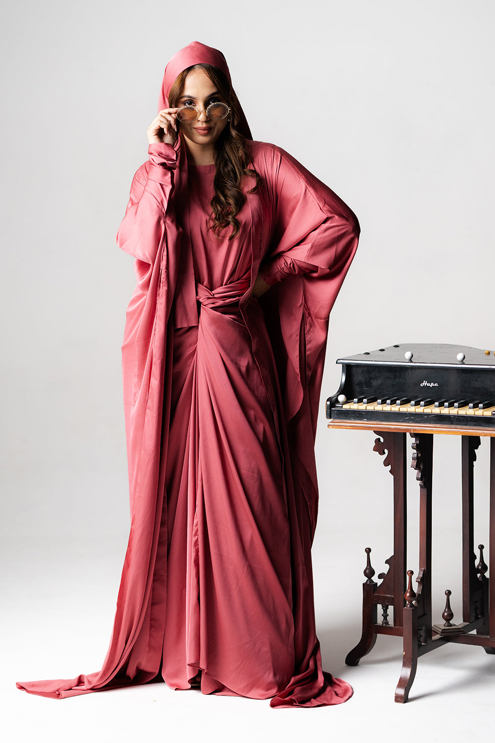 Dusty Rose Satin Kaftan Gown Set
