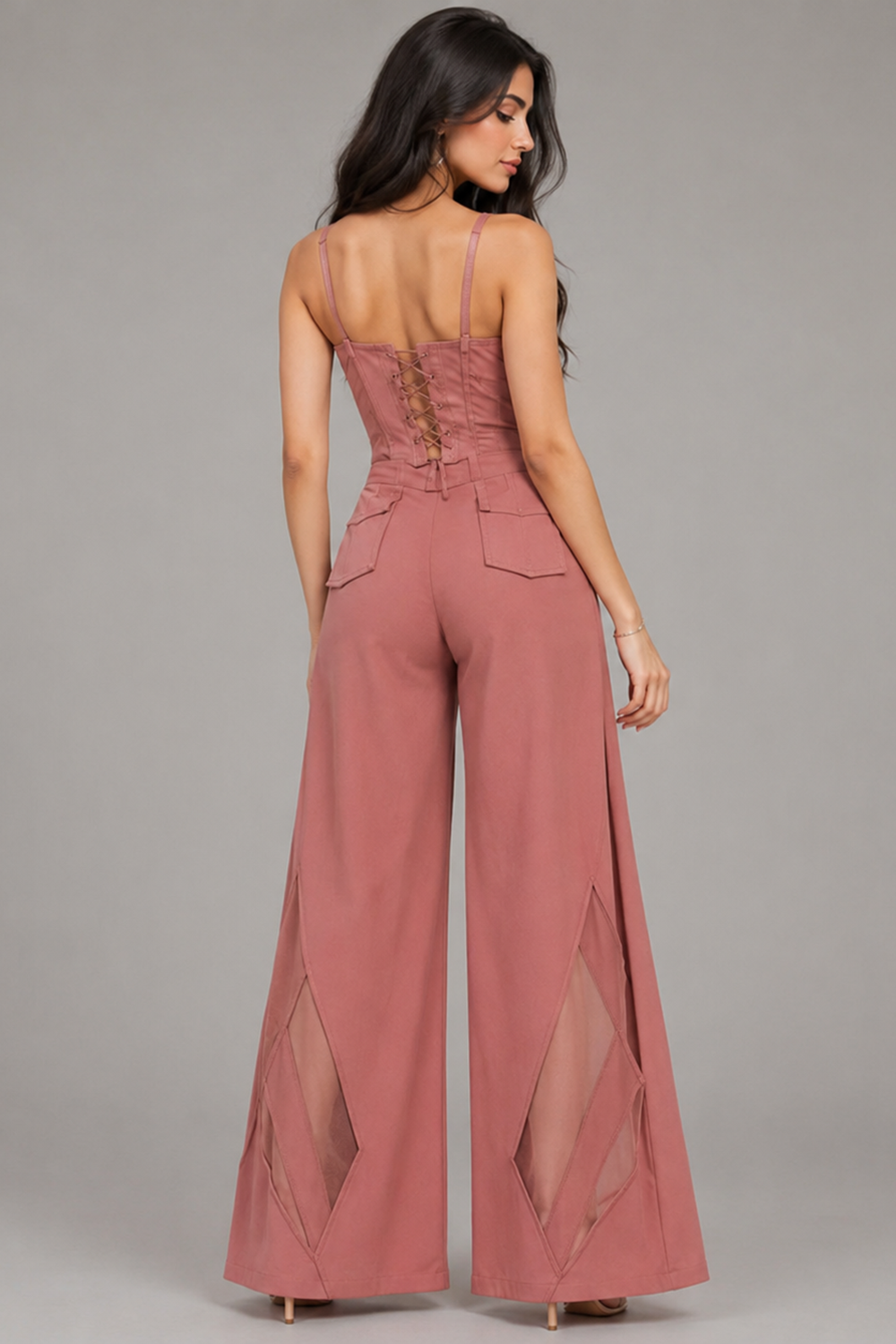 Dusty Rosewood Mesh Insert Corset & Wide-Leg Pants Co-Ord Set