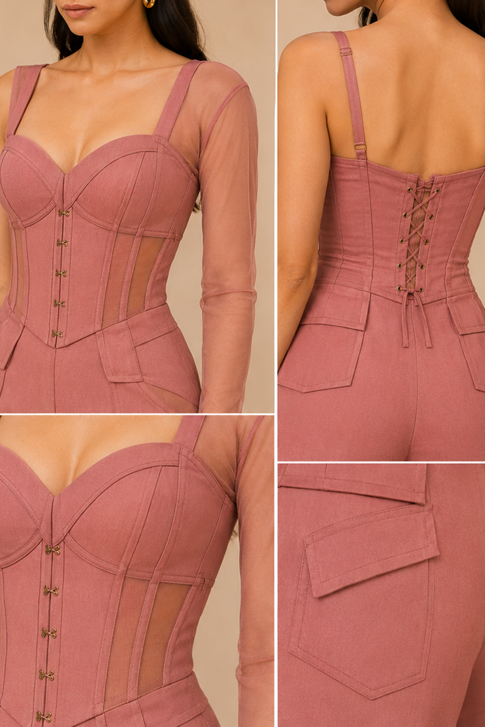 Dusty Rosewood Mesh Insert Corset & Wide-Leg Pants Co-Ord Set