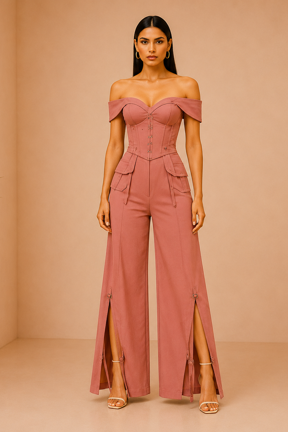 Dusty Rosewood Off-Shoulder Corset Top & Wide-Leg Pants Co-Ord Set