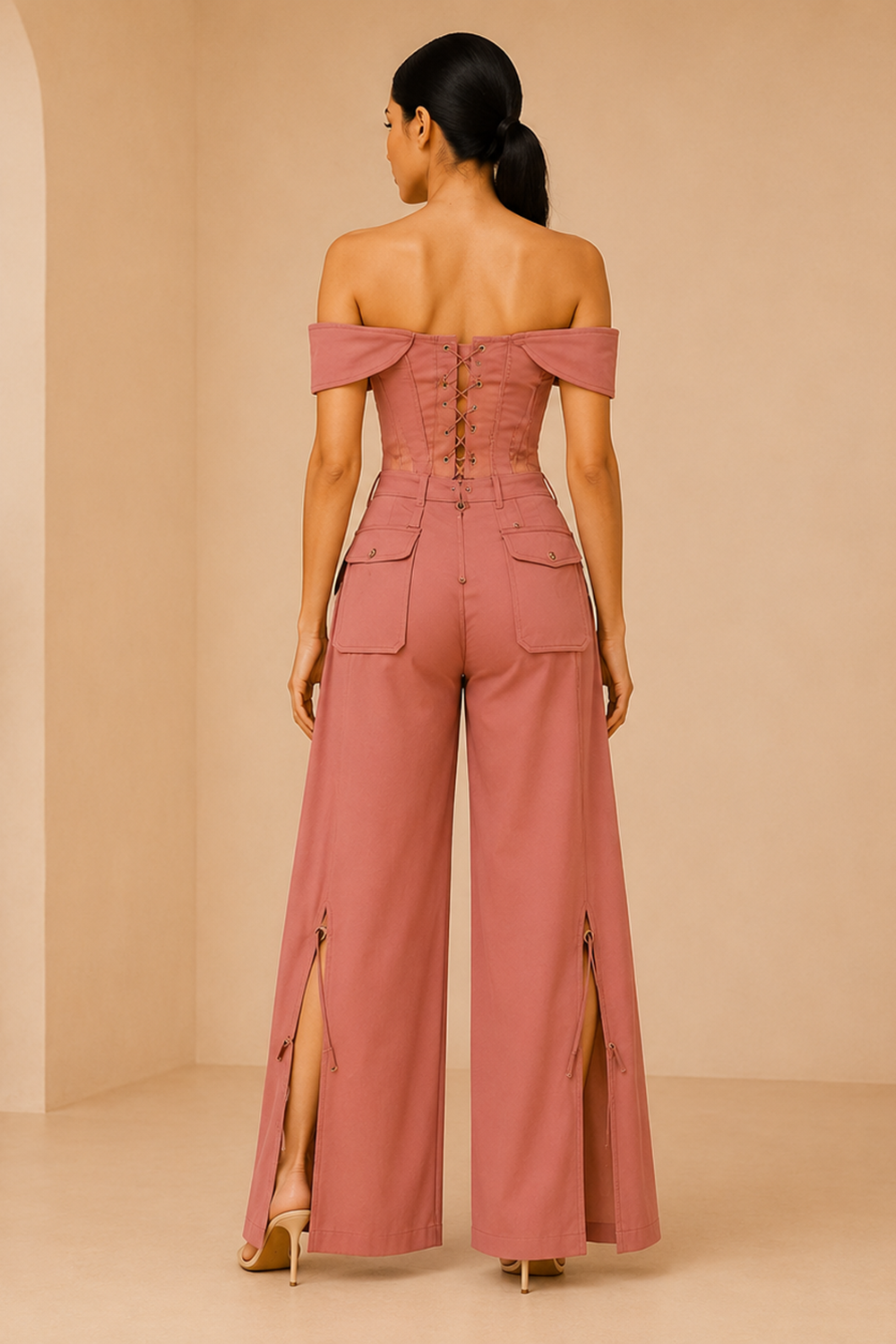 Dusty Rosewood Off-Shoulder Corset Top & Wide-Leg Pants Co-Ord Set