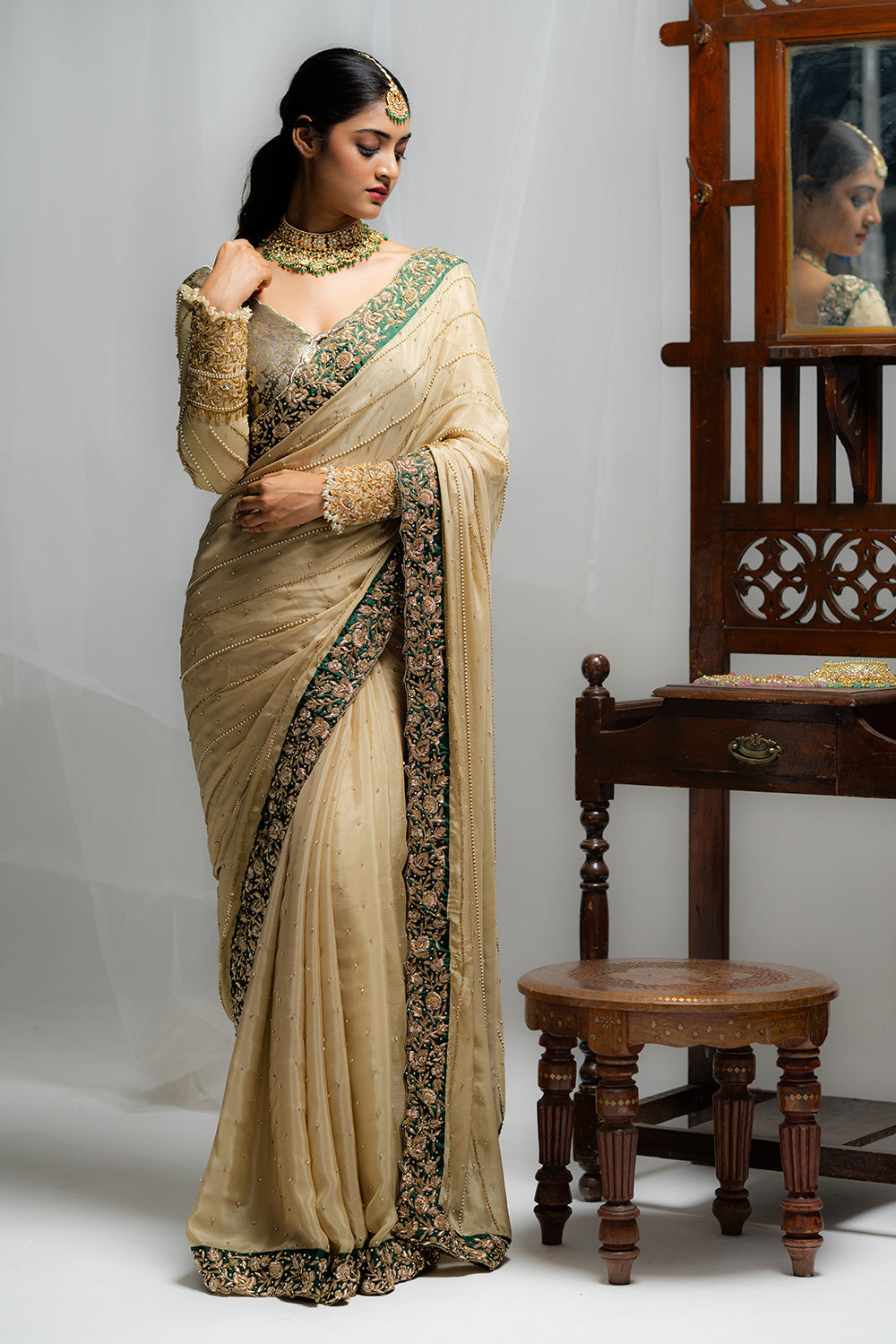 Elegant Beige Embroidered Saree