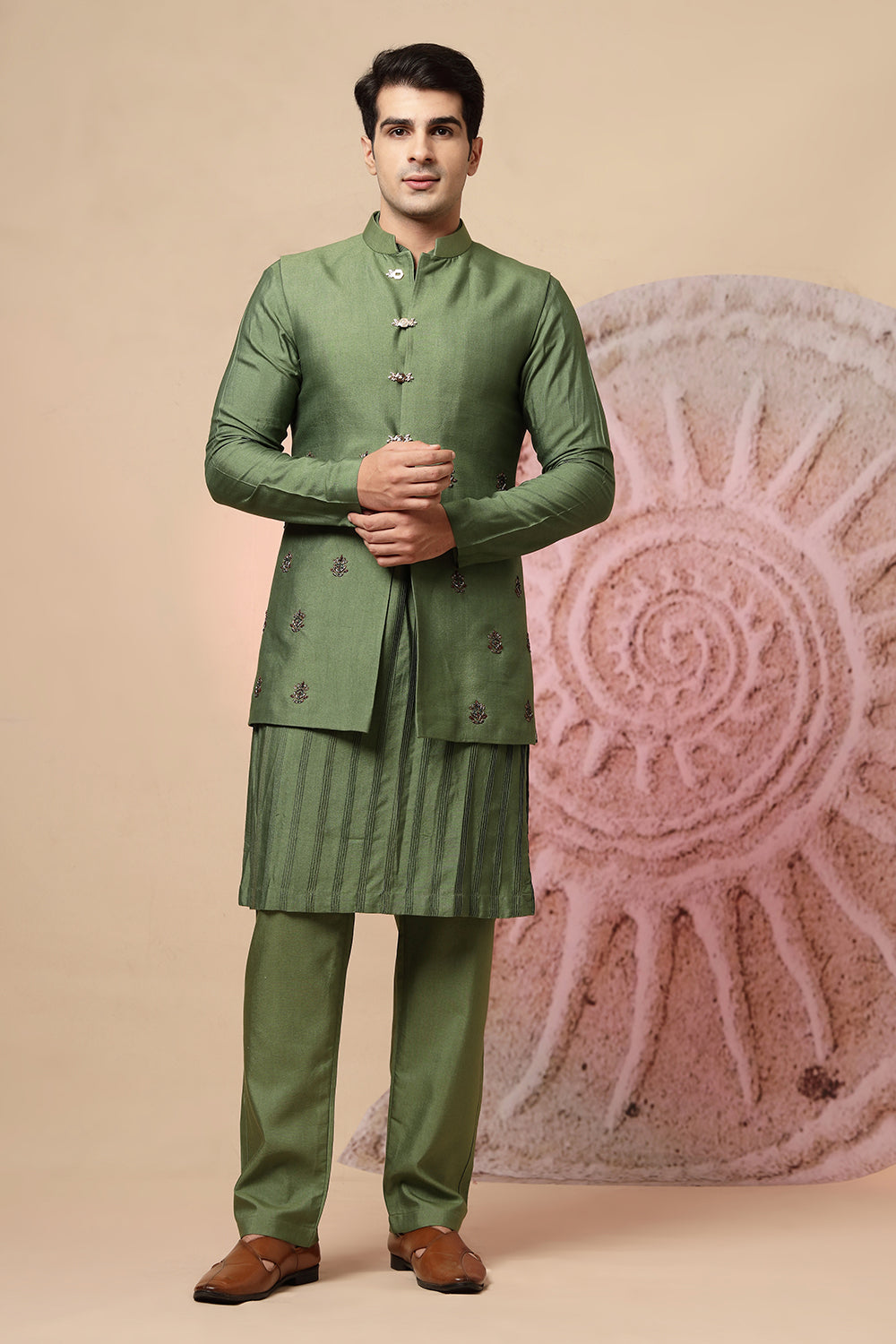 Elegant Green Silk Kurta Jacket Set