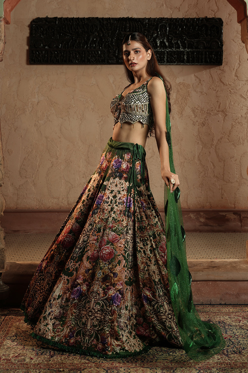 Embellished Blouse & Floral Lehenga Set