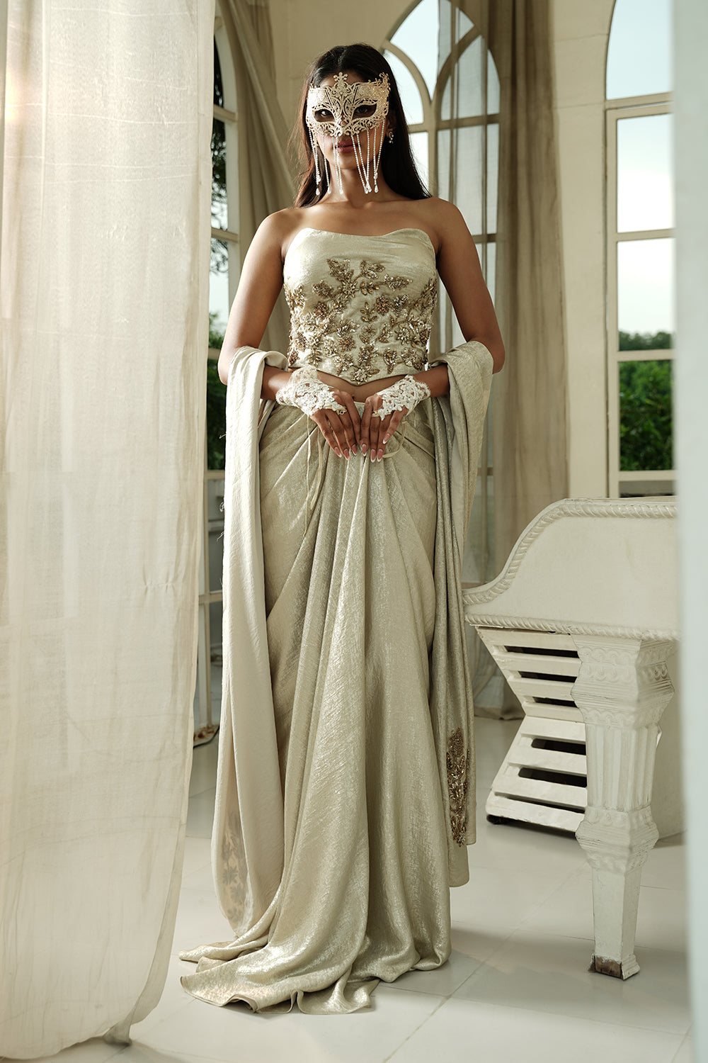 Embellished Ivory Corset Top & Draped Skirt Set Embellished Ivory Corset Top & Draped Skirt Set