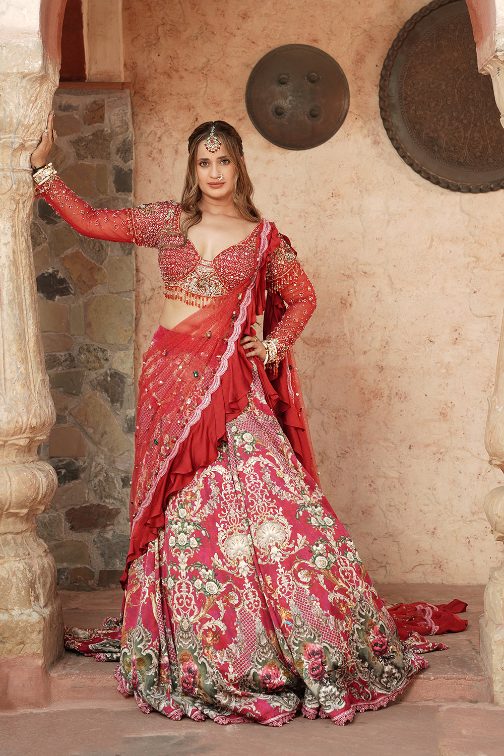 Embellished Pink & Red Bridal Lehenga Set