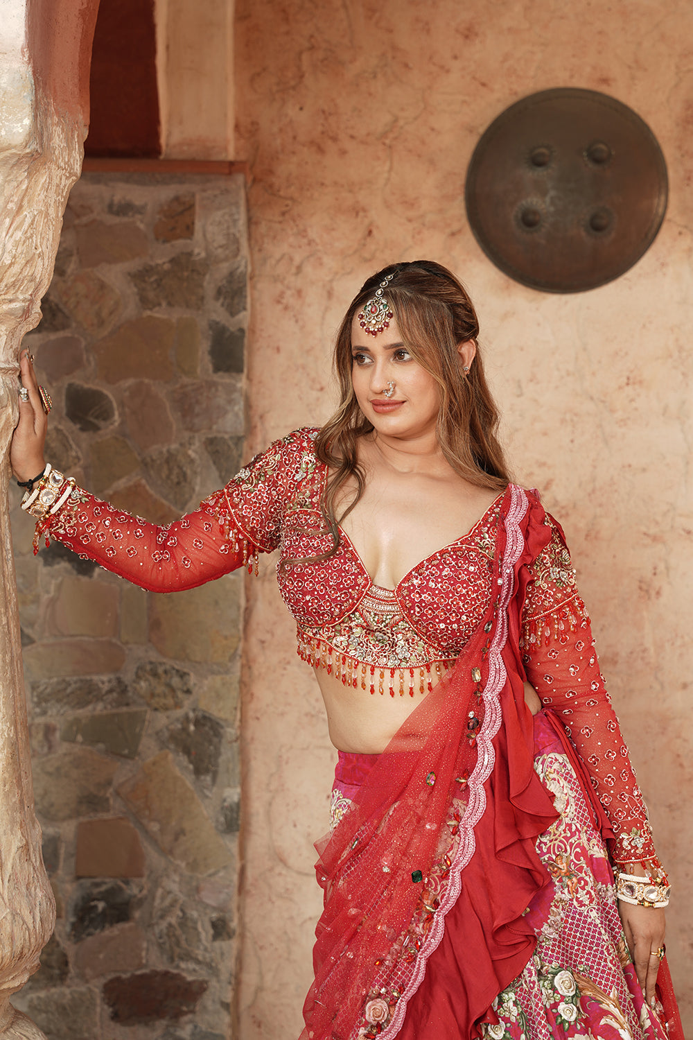 Embellished Pink & Red Bridal Lehenga Set