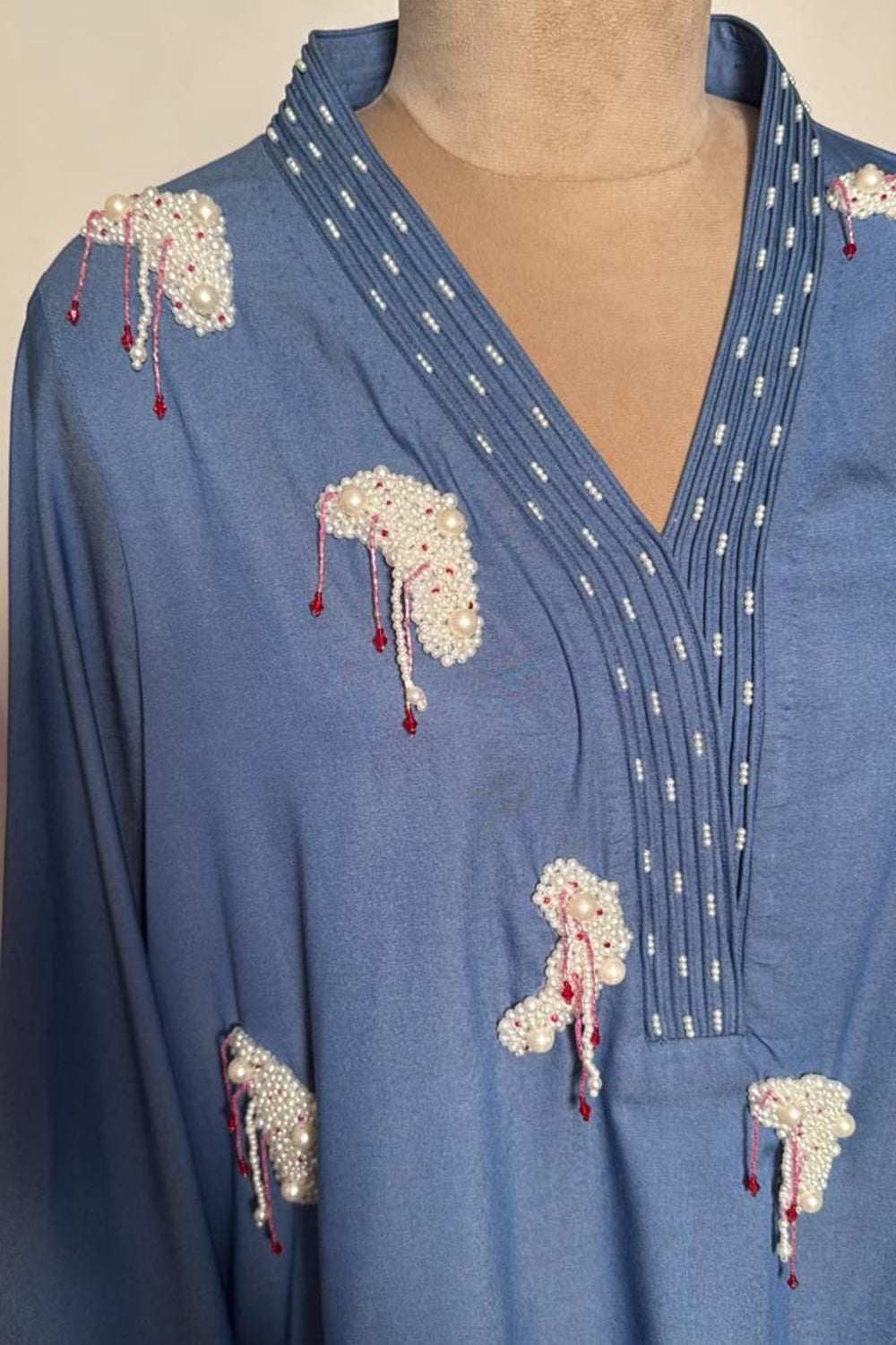 Embroidered Co-Ord Set With White Hanging Pearl Tassle