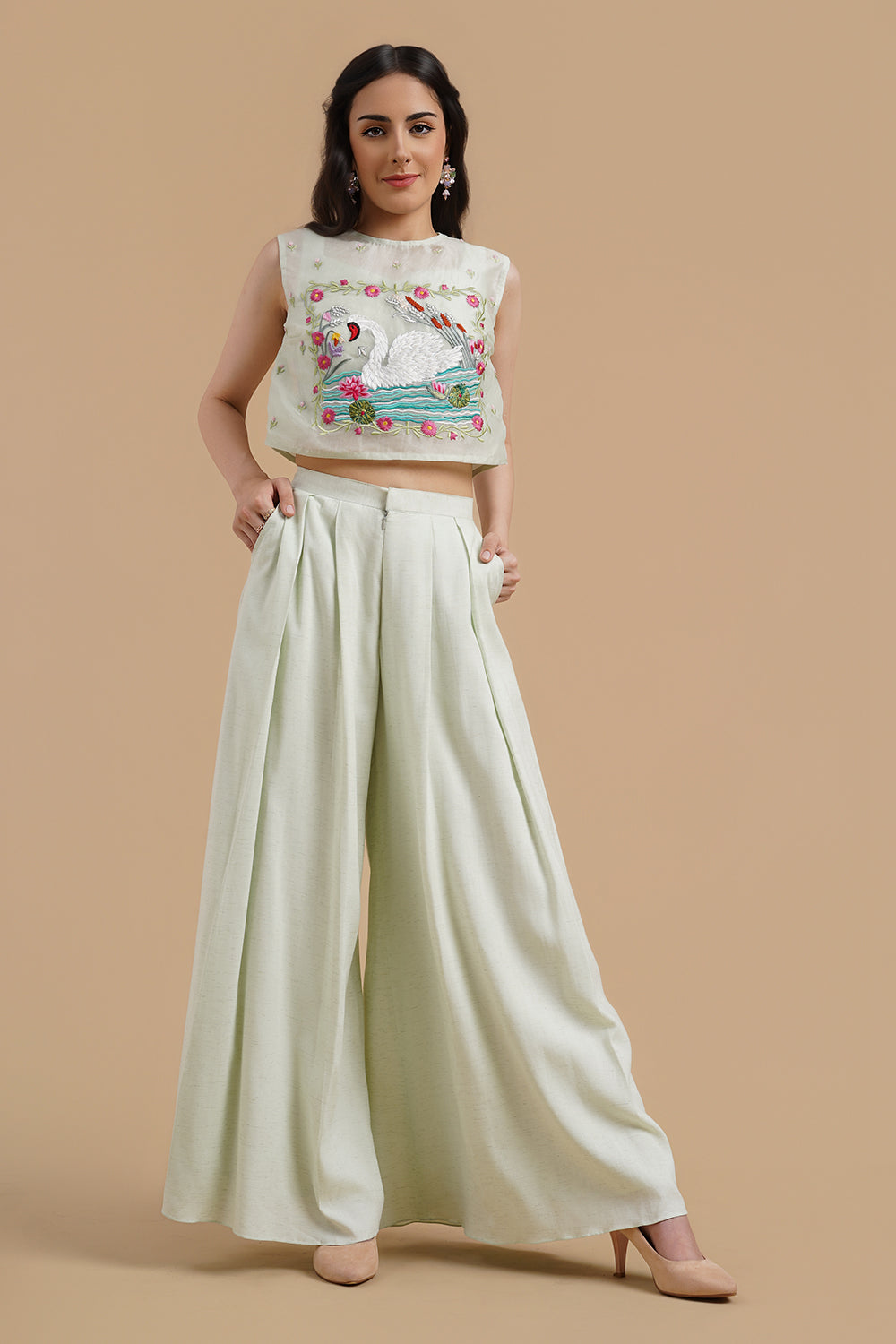 Embroidered Crop Top With Pleated Pants