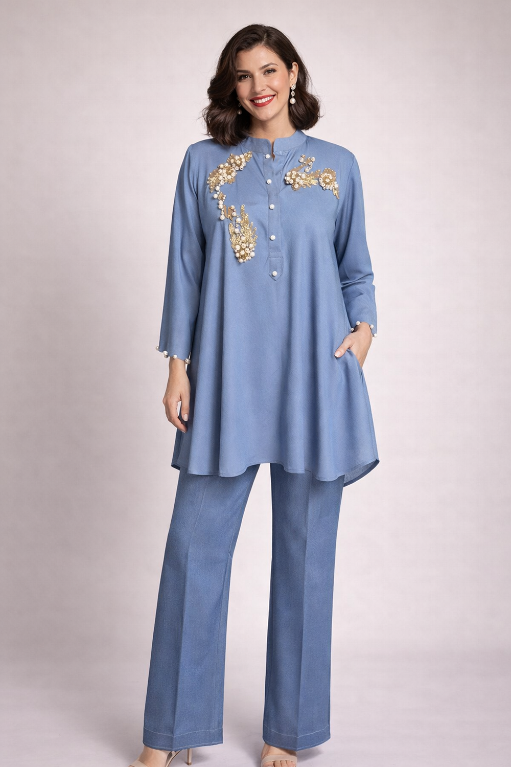 Embroidered Denim Kurta Paired With Denim Pants