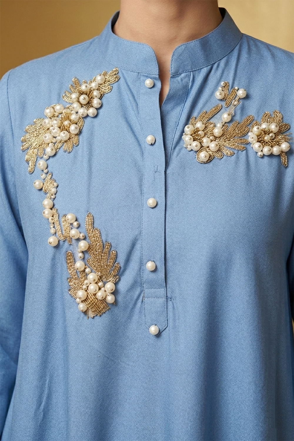 Embroidered Denim Kurta Paired With Denim Pants