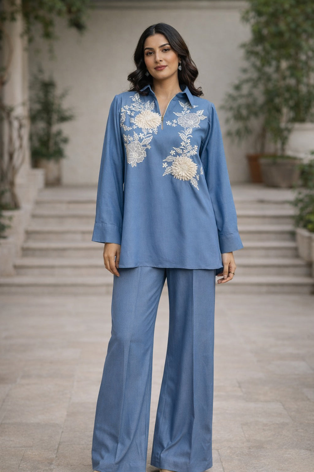 Embroidered Denim Shirt Paired With Denim Pants