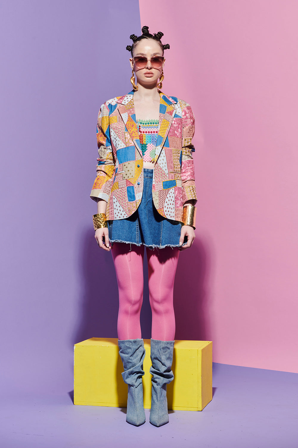 Embroidered geometric print blazer