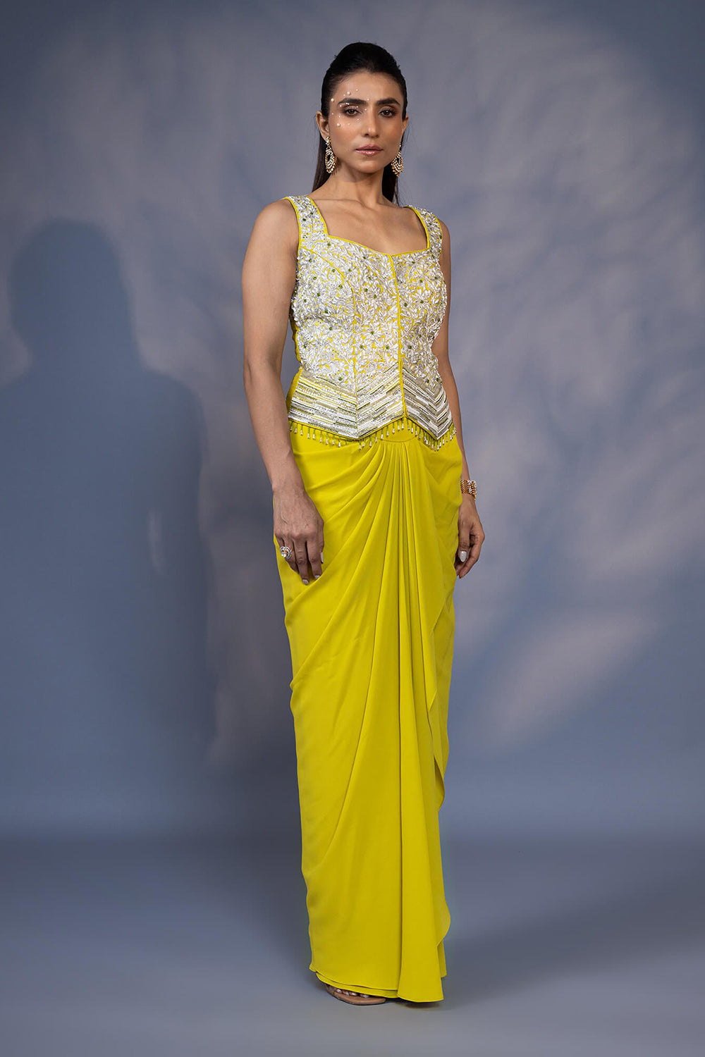 Embroidered Jacket With Draped Skirt